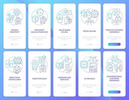 verkaufstrends blauer farbverlauf beim onboarding mobiler app-bildschirmsatz. Trade Walkthrough 5 Schritte grafische Anweisungen mit linearen Konzepten. ui, ux, gui-Vorlage. vektor