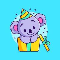 niedlicher koala in der geschenkbox-vektorillustration. karikaturkoala, der geburtstag feiert vektor