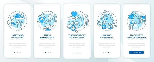 familienbeziehungen wichtig blauer onboarding-bildschirm der mobilen app. Komplettlösung 5 Schritte grafische Anleitungsseiten mit linearen Konzepten. ui, ux, gui-Vorlage. vektor