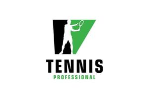buchstabe v mit tennisspieler-silhouette-logo-design. Vektordesign-Vorlagenelemente für Sportteams oder Corporate Identity. vektor