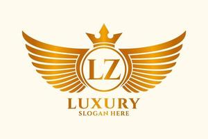 luxus königlicher flügelbuchstabe lz wappengoldfarbe logovektor, siegeslogo, wappenlogo, flügellogo, vektorlogovorlage. vektor