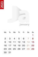 minimalistische Kalendervorlage für Januar 2023, Vektorkalender auf Englisch vektor