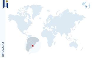 blaue Weltkarte mit Lupe auf Uruguay. vektor