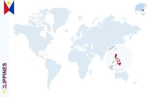 blaue Weltkarte mit Lupe auf den Philippinen. vektor