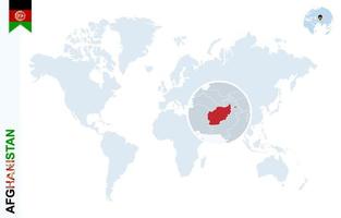 blå värld Karta med förstorande på afghanistan. vektor