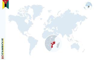 blå värld Karta med förstorande på moçambique. vektor
