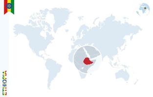 blaue Weltkarte mit Lupe auf Äthiopien. vektor