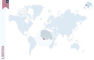blaue Weltkarte mit Lupe auf Liberia. vektor