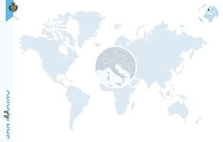 Blaue Weltkarte mit Lupe auf San Marino. vektor