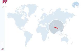 blaue Weltkarte mit Lupe auf Nepal. vektor