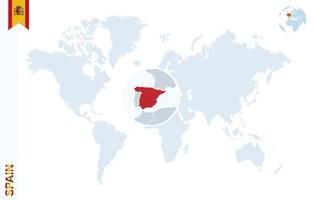 blaue Weltkarte mit Lupe auf Spanien. vektor