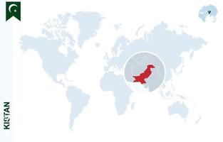 blaue Weltkarte mit Lupe auf Pakistan. vektor