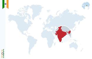 blaue Weltkarte mit Lupe auf Indien. vektor