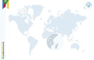 blaue Weltkarte mit Lupe auf den Komoren. vektor