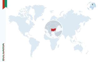 blaue Weltkarte mit Lupe auf Bulgarien. vektor