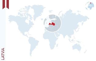 blaue Weltkarte mit Lupe auf Lettland. vektor