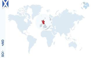 blaue Weltkarte mit Lupe auf Schottland. vektor