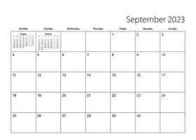 September 2023 einfacher Kalenderplaner, die Woche beginnt am Montag. vektor
