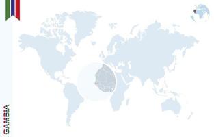 blaue Weltkarte mit Lupe auf Gambia. vektor