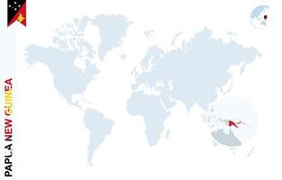 blaue Weltkarte mit Lupe auf Papua-Neuguinea. vektor