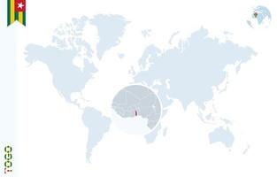 blaue Weltkarte mit Lupe auf Togo. vektor