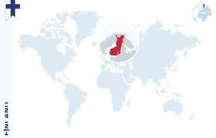 blaue Weltkarte mit Lupe auf Finnland. vektor