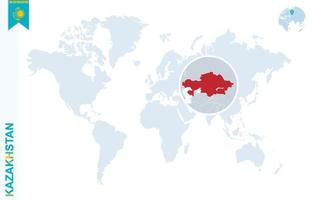blå värld Karta med förstorande på Kazakstan. vektor