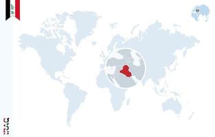 Blaue Weltkarte mit Lupe im Irak. vektor