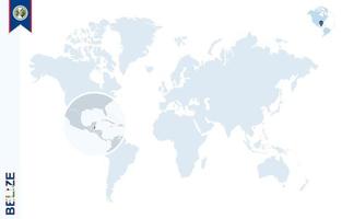 blaue Weltkarte mit Lupe auf Belize. vektor