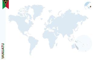 blaue Weltkarte mit Lupe auf Vanuatu. vektor