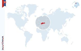 blaue Weltkarte mit Lupe auf der Slowakei. vektor