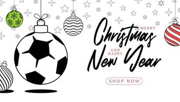 fotboll jul hälsning kort i trendig linje stil. glad jul och Lycklig ny år översikt tecknad serie sporter baner. fotboll boll som en xmas boll på vit bakgrund. vektor illustration.