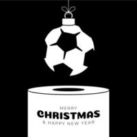 Fußball, Fußball Christbaumkugel Sockel. frohe weihnachten sport grußkarte. Hängen Sie an einem Faden Fußball, Ball als Weihnachtskugel auf weißem Podium auf schwarzem Hintergrund. sport trendige vektorillustration. vektor