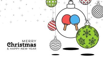 Ping-Pong-Weihnachtsgrußkarte im trendigen Linienstil. frohe weihnachten und ein gutes neues jahr skizzieren cartoon sportbanner. Tischtennisball als Weihnachtsball auf weißem Hintergrund. Vektor-Illustration. vektor