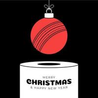 Cricket Christbaumkugel Sockel. frohe weihnachten sport grußkarte. Hängen Sie an einem Thread-Cricket-Ball als Weihnachtskugel auf weißem Podium auf schwarzem Hintergrund. sport trendige vektorillustration. vektor