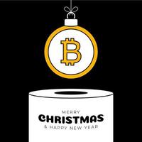 Bitcoin Weihnachtskugel Sockel. frohe weihnachten sport grußkarte. Hängen Sie an einem Faden Bitcoin als Weihnachtskugel auf weißem Podium auf schwarzem Hintergrund. sport trendige vektorillustration. vektor