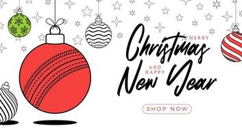 cricket jul hälsning kort i trendig linje stil. glad jul och Lycklig ny år översikt tecknad serie sporter baner. cricket boll som en xmas boll på vit bakgrund. vektor illustration.