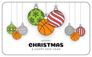 basketboll jul hälsning kort i trendig linje stil. glad jul och Lycklig ny år översikt tecknad serie sporter baner. basketboll boll som en xmas boll på vit bakgrund. vektor illustration.