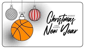 basketboll jul hälsning kort i trendig linje stil. glad jul och Lycklig ny år översikt tecknad serie sporter baner. basketboll boll som en xmas boll på vit bakgrund. vektor illustration.