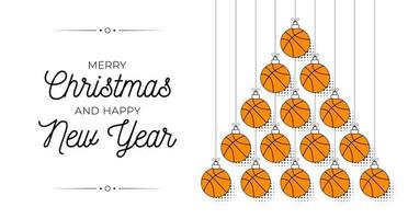 basketboll jul och ny år struntsak träd hälsning kort. kreativ xmas träd tillverkad förbi basketboll boll. jul och ny år översikt platt vektor sport hälsning kort baner. trendig vektor stil