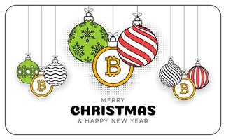 bitcoin jul hälsning kort i trendig linje stil. glad jul och Lycklig ny år översikt tecknad serie sporter baner. bitcoin som en xmas boll på vit bakgrund. vektor illustration.