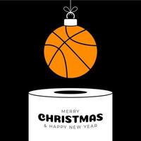 basketboll jul struntsak piedestal. glad jul sport hälsning kort. hänga på en tråd basketboll boll som en xmas boll på vit podium på svart bakgrund. sport trendig vektor illustration.