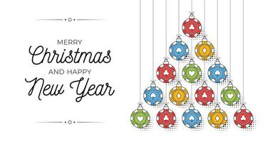 Kasino-Weihnachts- und Neujahrsflitterbaum-Grußkarte. kreativer weihnachtsbaum aus pokerchips. weihnachten und neujahr skizzieren flache vektorsport-grußkartenfahne. trendiger Vektorstil vektor