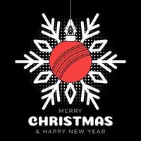 cricket jul hälsning kort. glad jul och Lycklig ny år översikt stil platt tecknad serie sporter baner. cricket boll som en xmas boll på svart bakgrund. vektor illustration.