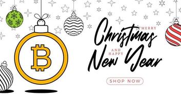 bitcoin weihnachtsgrußkarte im trendigen linienstil. frohe weihnachten und ein gutes neues jahr skizzieren cartoon sportbanner. Bitcoin als Weihnachtskugel auf weißem Hintergrund. Vektor-Illustration. vektor