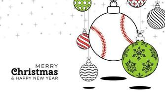 Baseball-Weihnachtsgrußkarte im trendigen Linienstil. frohe weihnachten und ein gutes neues jahr skizzieren cartoon sportbanner. Baseballball als Weihnachtskugel auf weißem Hintergrund. Vektor-Illustration. vektor