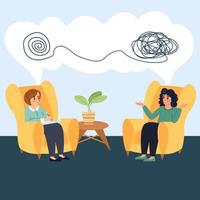 psykolog utnämning i tecknad serie platt stil. begrepp av mental hälsa. vektor illustration av läkare rådgivning patient. två kvinnor talande, psykologi samråd.