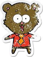 bedrövad klistermärke av en skrattande teddy Björn tecknad serie i skjorta och slips vektor
