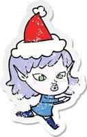 hübscher beunruhigter Aufkleber-Cartoon eines Elfmädchens, das Sankt-Hut trägt vektor