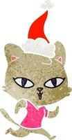Retro-Karikatur einer Katze für einen Lauf mit Weihnachtsmütze vektor